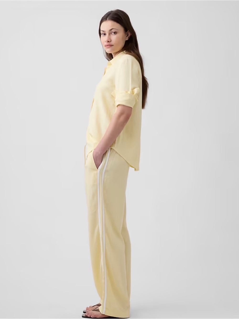 Gap Mid Rise Linen-Blend Wide-Leg Track Pants Pull-On Summer Vacation Cruise NEW